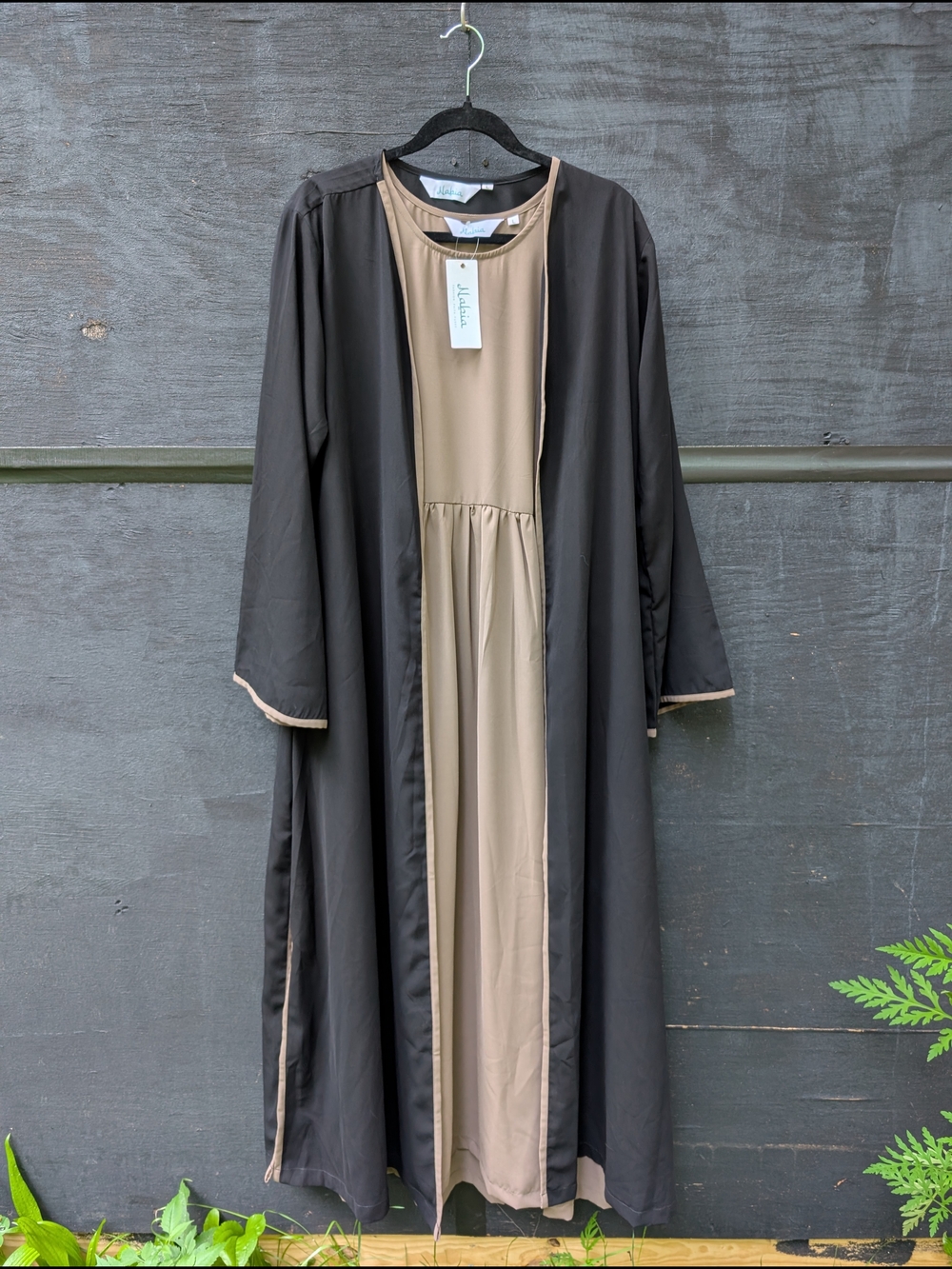 Classic Black Open Abaya with Beige Inner Dress